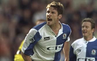 14 Sep 1997:  Chris Sutton of Blackburn Rovers celebrates during the FA Carling Premiership match against Leeds United at Ewood Park in Blackburn, England. Leeds United won the match 4-3. \ Mandatory Credit: Gary M Prior/Allsport