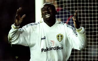 11 May 1999:   Jimmy Floyd Hasselbaink of Leeds United celebrates his goal during the FA Carling Premiership match against Leeds United played at Elland Road in Leeds, England.  The match finished in a 1-0 victory for Leeds United and the result dealt aserious blow to Arsenal's title aspirations. \ Mandatory Credit: Ben Radford /Allsport