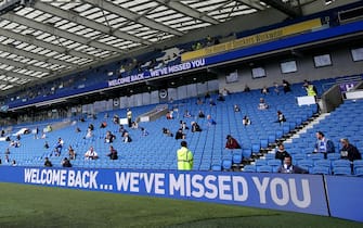 BRIGHTON, ENGLAND - AUGUST 29: General view inside the stadium as fans return as part of a pilot event following the coronavirus pandemic during the pre-season friendly between Brighton & Hove Albion and Chelsea  at Amex Stadium on August 29, 2020 in Brighton, England. (Photo by Steve Bardens/Getty Images)