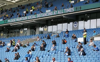 BRIGHTON, ENGLAND - AUGUST 29: General view inside the stadium as fans return as part of a pilot event following the coronavirus pandemic during the pre-season friendly between Brighton & Hove Albion and Chelsea  at Amex Stadium on August 29, 2020 in Brighton, England. (Photo by Steve Bardens/Getty Images)