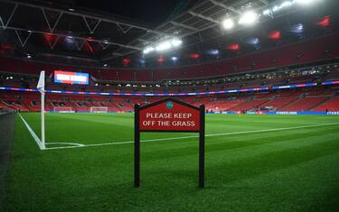epa08300488 (FILE) - Interior view of the Wembley stadium prior to the UEFA EURO 2020 qualifying group A soccer match between England and Montenegro in London, Britain, 14 November 2019 (re-issued on 17 March 2020). The UEFA EURO 2020 has been postponed to 2021 amid the coronavirus COVID-19 pandemic, the Norwegian Football Association (NFF) announced on 17 March 2020.  EPA/NEIL HALL *** Local Caption *** 55631833