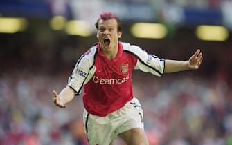 12 May 2001:  Fredrik Ljungberg of Arsenal celebrates scoring the opening goal in the AXA Sponsored FA Cup Final against Liverpool at the Millennium Stadium in Cardiff, Wales. Liverpool won 2-1. \ Mandatory Credit: Clive Brunskill /Allsport