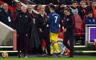 Manchester United manager Ralf Rangnick with Cristiano Ronaldo as he is substituted during the Premier League match at the Brentford Community Stadium, London. Picture date: Wednesday January 19, 2022.