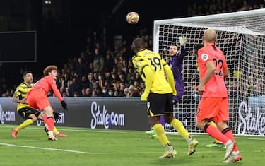 WATFORD, ENGLAND - JANUARY 21: Josh Sargent of Norwich scores their 1st goal during the Premier League match between Watford and Norwich City at Vicarage Road on January 21, 2022 in Watford, United Kingdom. (Photo by Charlotte Wilson/Offside/Offside via Getty Images)