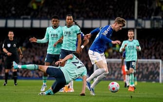 Leicester City's Timothy Castagne (left) tackles Everton's Anthony Gordon during the Premier League match at Goodison Park, Liverpool. Picture date: Wednesday April 20, 2022.