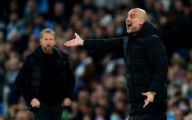 Manchester City manager Pep Guardiola gestures form the side line during the Premier League match at the Etihad Stadium, Manchester. Picture date: Wednesday April 20, 2022.