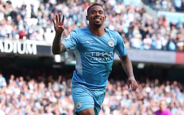MANCHESTER, ENGLAND - APRIL 23: Gabriel Jesus of Manchester City celebrates after scoring their team's fifth goal during the Premier League match between Manchester City and Watford at Etihad Stadium on April 23, 2022 in Manchester, England. (Photo by Lynne Cameron - Manchester City/Manchester City FC via Getty Images)