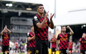 Manchester City's Rodri applauds the fans at full time after the Premier League match at Craven Cottage, Fulham. Picture date: Sunday April 30, 2023.