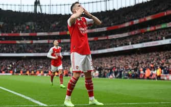 epa10553918 Granit Xhaka of Arsenal FC celebrates after scoring a goal during the English Premier League soccer match between Arsenal London and Leeds United in London, Britain, 01 April 2023.  EPA/Daniel Hambury EDITORIAL USE ONLY. No use with unauthorized audio, video, data, fixture lists, club/league logos or 'live' services. Online in-match use limited to 120 images, no video emulation. No use in betting, games or single club/league/player publications