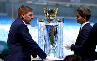 The Premier League Trophy on display ahead of the Premier League match at the Etihad Stadium, Manchester. Picture date: Sunday May 21, 2023.