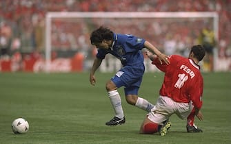 17 May 1997:  Gianfranco Zola of Chelsea dribbles away from Gianluca Festa of Middlesbrough during the FA Cup Final at Wembley Stadium in London, England. Chelsea won 2-0. \ Mandatory Credit: Ben Radford /Allsport