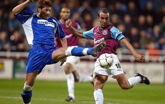 6 Mar 2002:  Alessandro Pistone of Everton tackles Paolo Di Canio of West Ham during the FA Barclaycard Premiership match between West Ham United v Everton at Upton Park, London. DIGITAL IMAGE. Mandatory Credit: Warren Little/Getty Images