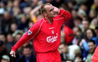 Liverpool's Danny Murphy listens to the silent Tranmere Rovers fans as he celebrates scoring the first goal  (Photo by Mike Egerton/EMPICS via Getty Images)