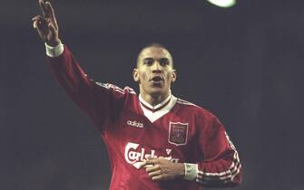 20 Jan 1996:  Stan Collymore of Liverpool celebrates his goal during the FA Carling Premier league win over Leeds United by 5-0, at Anfield in Liverpool. Mandatory Credit: Shaun Botterill/Allsport