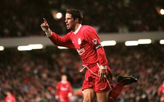 Liverpool's Jamie Redknapp celebrates his goal for Liverpool  (Photo by Jon Buckle/EMPICS via Getty Images)