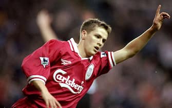 14 Feb 1998:  Michael Owen of Liverpool celebrates his goal during the FA Carling Premiership match against Sheffield Wednesday played at Hillsborough in Sheffield, England.  The match finished in a 0-1 victory for the visitors Liverpool. \ Mandatory Credit: Phil Cole /Allsport