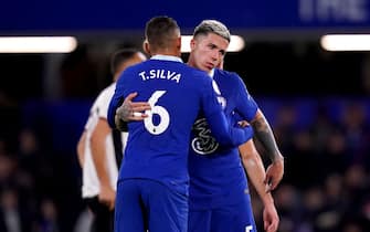 Chelsea's Enzo Fernandez hugs team-mate Thiago Silva at the end of the Premier League match at Stamford Bridge, London. Picture date: Friday February 3, 2023.