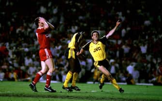 26/5/1989 English Football League Division One, Arsenal v Liverpool, Nigel Winterburn turns away in celebration at Michael Thomas' winning goal. (Photo by Mark Leech/Getty Images)