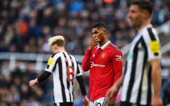 epa10555863 Marcus Rashford of Manchester United FC reacts during the English Premier League soccer match between Newcastle United and Manchester United in Newcastle, Britain, 02 April 2023.  EPA/Peter Powell EDITORIAL USE ONLY. No use with unauthorized audio, video, data, fixture lists, club/league logos or 'live' services. Online in-match use limited to 120 images, no video emulation. No use in betting, games or single club/league/player publications