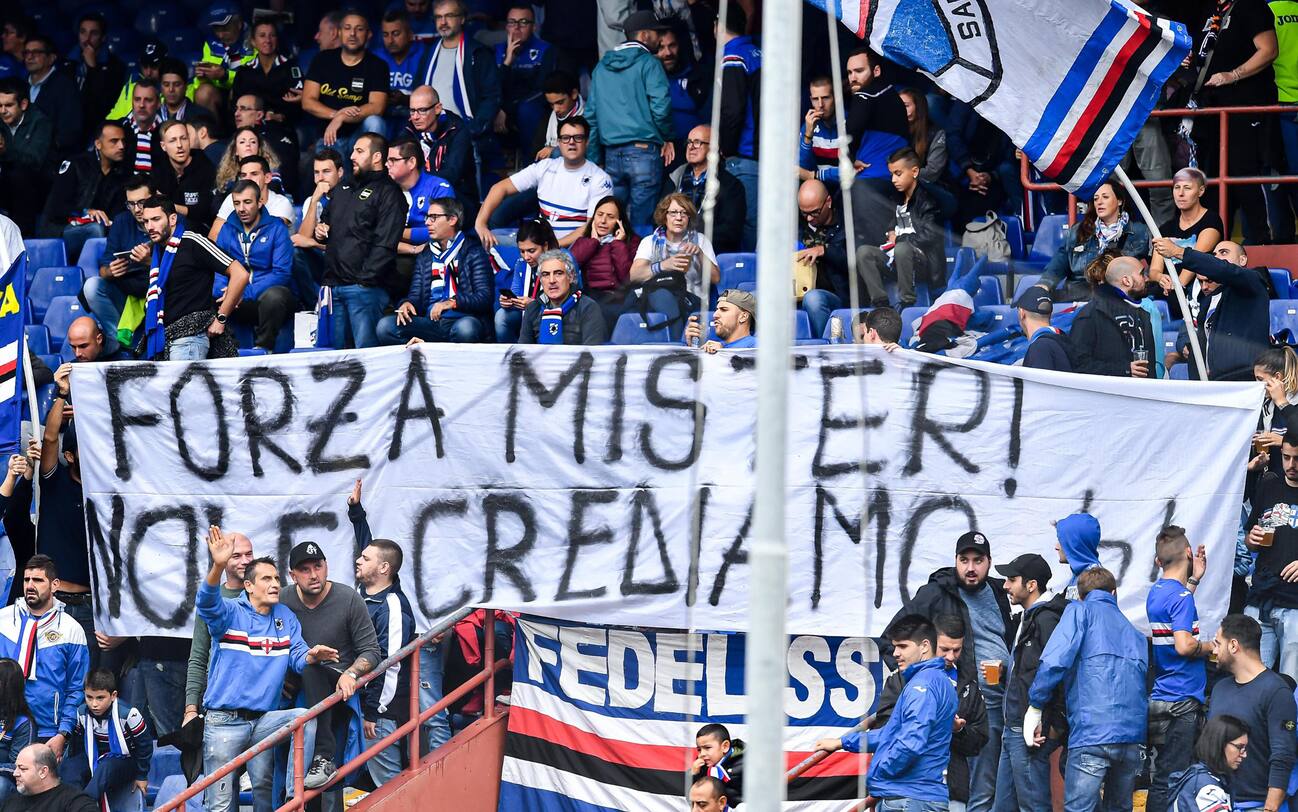 Sampdoria's fans dedicate a banner to Italian coach Claudio Ranieri before the Italian Serie A soccer match Uc Sampdoria vs As Roma at Luigi Ferraris Stadium in Genoa, Italy, 20 October 2019. ANSA/SIMONE ARVEDA