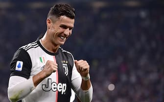 Juventus' Portuguese forward Cristiano Ronaldo celebrates his team's opening goal during the Italian Serie A football match Juventus vs Napoli on August 31, 2019 at the Juventus stadium in Turin. (Photo by Marco Bertorello / AFP)        (Photo credit should read MARCO BERTORELLO/AFP/Getty Images)