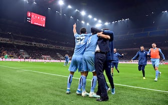 MILAN, ITALY - NOVEMBER 03:  Joaquin Correa of SS lazio celebrates a second goal with his team mates during the Serie A match between AC Milan and SS Lazio at Stadio Giuseppe Meazza on November 3, 2019 in Milan, Italy.  (Photo by Marco Rosi/Getty Images)