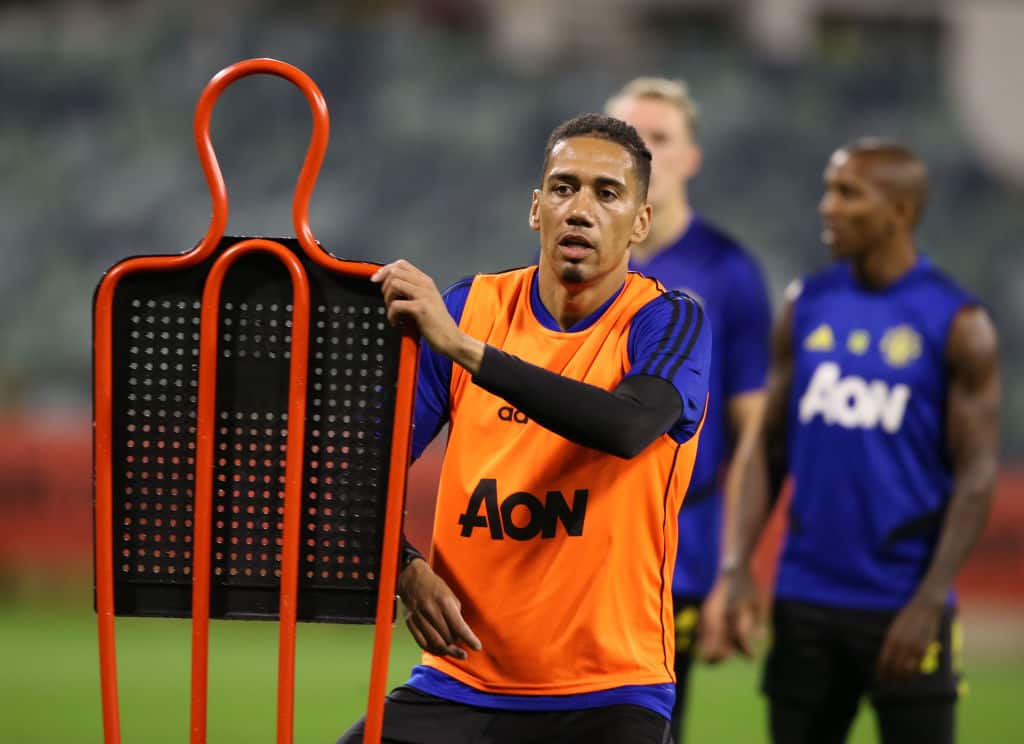 PERTH, AUSTRALIA - JULY 09: (EXCLUSIVE COVERAGE) Chris Smalling of Manchester United in action during a first team training session as part of their pre-season tour of Australia, Singapore and China on July 09, 2019 in Perth, Australia. (Photo by Matthew Peters/Manchester United via Getty Images)