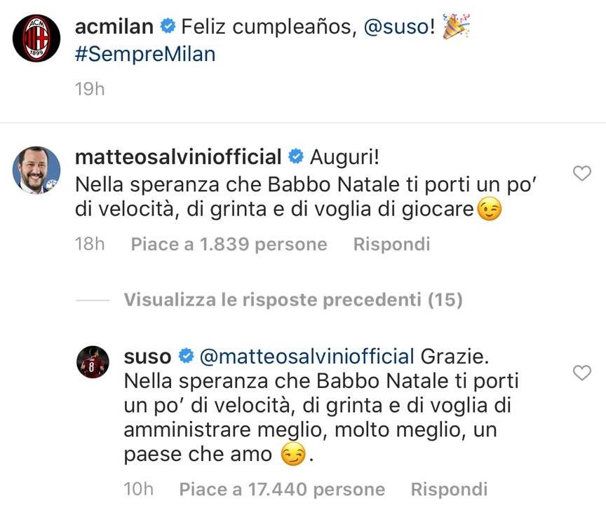 Salvini-Suso, botta e risposta su Instagram