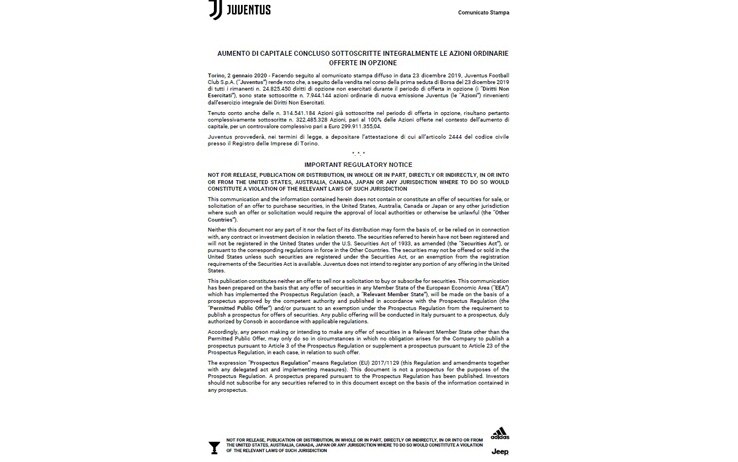 Juve, concluso l'aumento di capitale