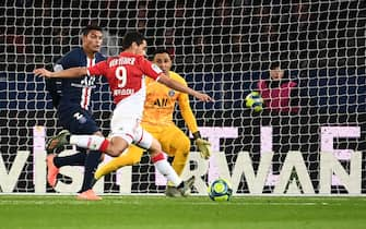 Monaco's French forward Wissam Ben Yedder kicks to score during the French L1 football match between Paris Saint-Germain and AS Monaco at the Parc des Princes stadium in Paris on January 12, 2020. (Photo by Anne-Christine POUJOULAT / AFP) (Photo by ANNE-CHRISTINE POUJOULAT/AFP via Getty Images)