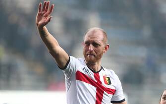 Soccer: Serie A; Atalanta-Genoa Genoa's Andrea Masiello cries in front of Atalanta's fans at the end of the Italian Serie A soccer match Atalanta BC vs Genoa at the Gewiss Stadium in Bergamo, Italy, 02 February 2020. ANSA/PAOLO MAGNI