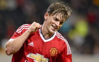 Jesper Blomqvist of Manchester United celebrates after scoring a goal during the charity football match Manchester United Legends vs Liverpool Legends at the Friends arena in Solna, near Stockholm on September 3, 2015. AFP PHOTO/JONATHAN NACKSTRAND        (Photo credit should read JONATHAN NACKSTRAND/AFP via Getty Images)