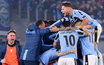 Lazio's Italian forward Ciro Immobile (Top R) and teammates celebrate after Lazio scored its second goal during the Italian Serie A football match Lazio Rome vs Inter Milan on February 16, 2020 at the Olympic stadium in Rome. (Photo by Andreas SOLARO / AFP) (Photo by ANDREAS SOLARO/AFP via Getty Images)