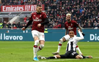 MILAN, ITALY - JANUARY 19 : Ante Rebic of AC Milan coring his goal ,during the Serie A match between AC Milan and  Udinese Calcio at Stadio Giuseppe Meazza on January 19, 2020 in Milan, Italy. (Photo by MB Media/Getty Images)