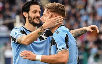 Lazio's Italian forward Ciro Immobile (R) celebrates with Lazio's Spanish midfielder Luis Alberto after scoring his second goal during the Italian Serie A football match Lazio Rome vs Spal on February 2, 2020 at the Olympic stadium in Rome. (Photo by Andreas SOLARO / AFP) (Photo by ANDREAS SOLARO/AFP via Getty Images)