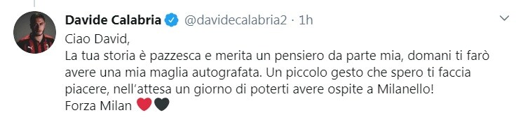 Il tweet di Davide Calabria Il tweet di Davide Calabria