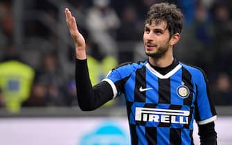 MILAN, ITALY - JANUARY 14: Andrea Ranocchia of FC Internazionale Milano celebrates goal during the Italian Serie A   match between Internazionale v Cagliari Calcio at the San Siro on January 14, 2020 in Milan Italy (Photo by Mattia Ozbot/Soccrates/Getty Images)