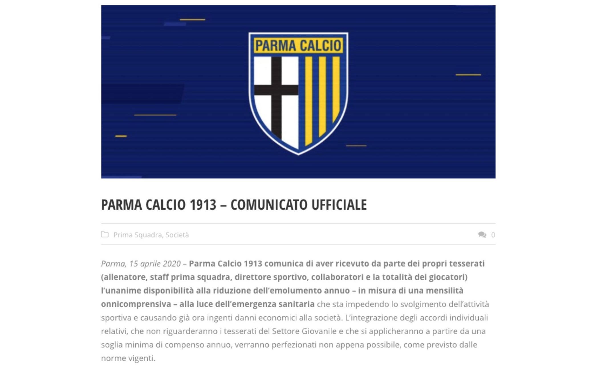 Il comunicato ufficiale sul sito del Parma Il comunicato ufficiale sul sito del Parma