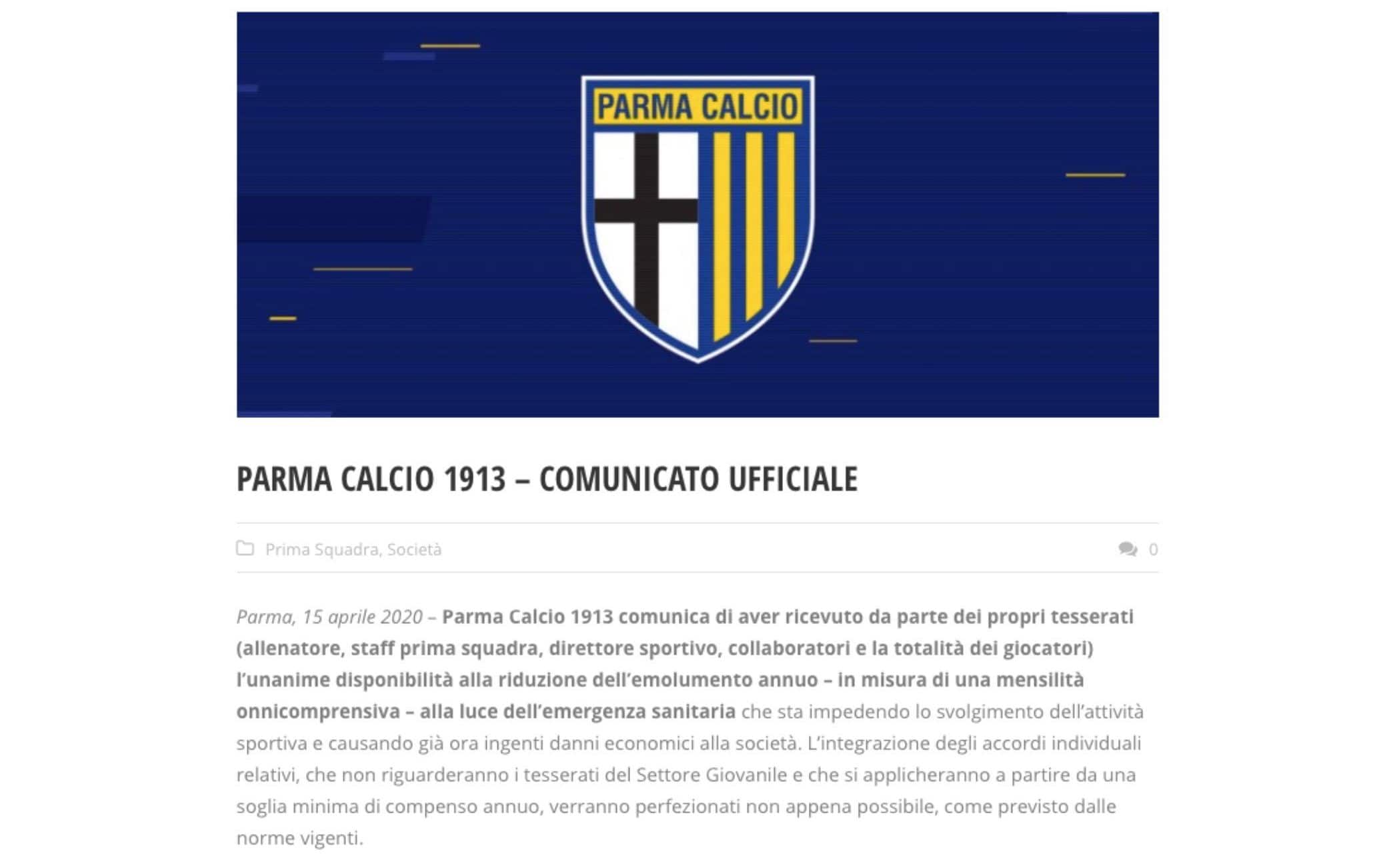 Il comunicato ufficiale sul sito del Parma