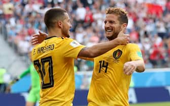 epa06888509 Eden Hazard (L) of Belgium celebrates with teammate Dries Mertens after scoring the 2-0 lead during the FIFA World Cup 2018 third place soccer match between Belgium and England in St.Petersburg, Russia, 14 July 2018.

(RESTRICTIONS APPLY: Editorial Use Only, not used in association with any commercial entity - Images must not be used in any form of alert service or push service of any kind including via mobile alert services, downloads to mobile devices or MMS messaging - Images must appear as still images and must not emulate match action video footage - No alteration is made to, and no text or image is superimposed over, any published image which: (a) intentionally obscures or removes a sponsor identification image; or (b) adds or overlays the commercial identification of any third party which is not officially associated with the FIFA World Cup)  EPA/TOLGA BOZOGLU   EDITORIAL USE ONLY