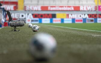 epa08439953 Match official footballs are seen during the German Bundesliga soccer match between SC Paderborn 07 vs 1899 Hoffenheim in the Benteler-Arena, Paderborn, Germany, 23 May 2020.  EPA/Friso Gentsch / POOL DFL regulations prohibit any use of photographs as image sequences and/or quasi-video.