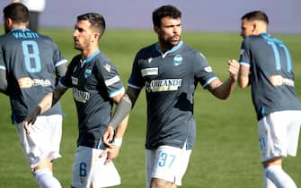 Spal's Andrea Petagna jubilates with his teammates after scoring the goal during the Italian Serie A soccer match Parma Calcio vs S.P.A.L at Ennio Tardini stadium in Parma, Italy, 01 March 2020. ANSA / ELISABETTA BARACCHI