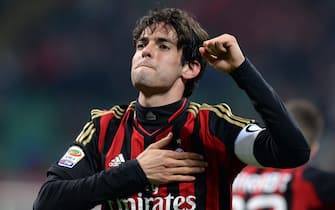 MILAN, ITALY - MARCH 29:  Kaka of AC Milan celebrates scoring the third goal during the Serie A match between AC Milan and AC Chievo Verona at San Siro Stadium on March 29, 2014 in Milan, Italy.  (Photo by Claudio Villa/Getty Images)