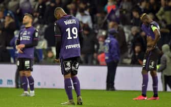 Toulouse's players react after losing the French L1 football match between Toulouse (TFC) and Strasbourg (RCSA) on February 5, 2020, at the Municipal Stadium in Toulouse, southern France. (Photo by PASCAL PAVANI / AFP) (Photo by PASCAL PAVANI/AFP via Getty Images)
