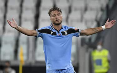 TURIN, ITALY - JULY 20: Ciro Immobile of SS Lazio reacts   during the Serie A match between Juventus and  SS Lazio at  on July 20, 2020 in Turin, Italy. (Photo by Stefano Guidi/Getty Images)