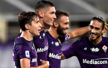 Fiorentina's defender Nikola Milenkovic (2L) celebrates after scoring during the Italian Serie A soccer match between ACF Fiorentina and Bologna FC at the Artemio Franchi stadium in Florence, Italy, 29 July 2020ANSA/CLAUDIO GIOVANNINI