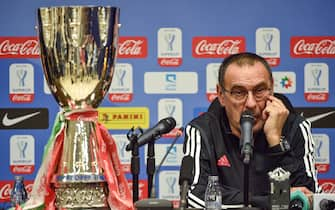 Juventus' coach Maurizio Sarri attends a press conference in Saudi capital Riyadh on December 21, 2019, on the eve of the Supercoppa Italiana final football match between Juventus and Lazio at the King Saud University Stadium. (Photo by FAYEZ NURELDINE / AFP) (Photo by FAYEZ NURELDINE/AFP via Getty Images)