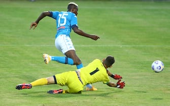 CASTEL DI SANGRO, ITALY - AUGUST 28: (BILD ZEITUNG OUT) Victor Osimhen of Napoli scores his team's third goal during the pre-season friendly match between SSC Napoli and LAquila Calcio at Stadio Comunale Teofilo Patini on August 28, 2020 in Castel di Sangro, Italy. (Photo by Matteo Ciambelli/DeFodi Images via Getty Images)