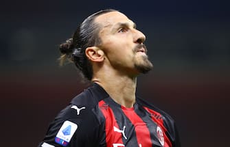 MILAN, ITALY - SEPTEMBER 21:  Zlatan Ibrahimovic of AC Milan reacts during the Serie A match between AC Milan and Bologna FC at Stadio Giuseppe Meazza on September 21, 2020 in Milan, Italy.  (Photo by Marco Luzzani/Getty Images)