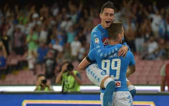 Napoli's Arkadiusz Milik (R) jubilates with his teammate Jose Callejon after scoring the goal during the Italian Serie A soccer match SSC Napoli vs AC Milan at San Paolo stadium in Naples, Italy, 27 August 2016.
ANSA/CESARE ABBATE